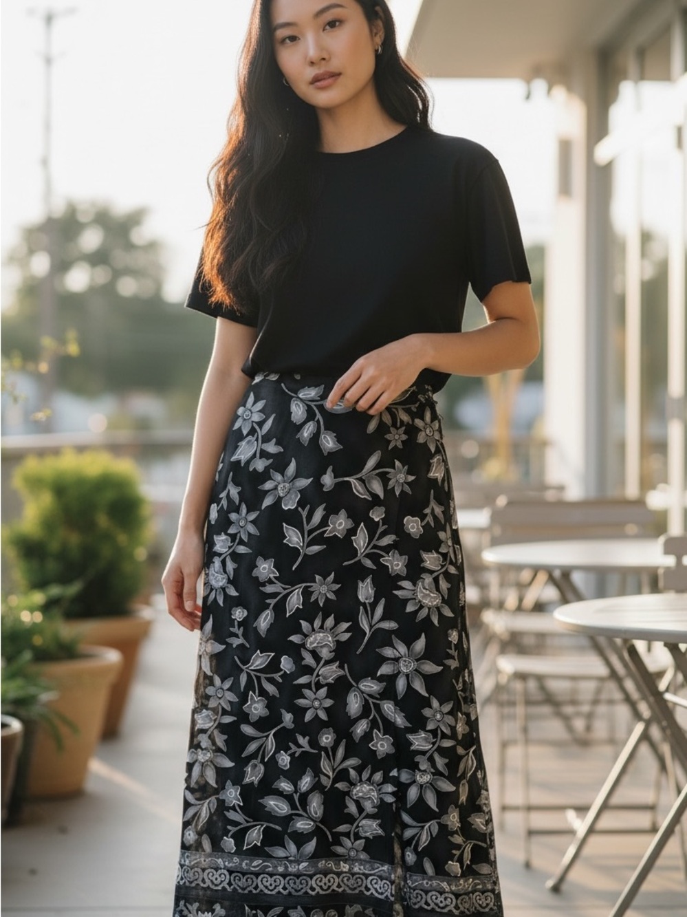 Heart Soul Black Maxi Skirt with White Floral Embroidery